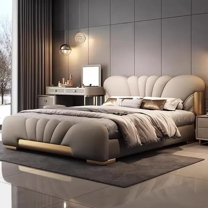Lit de chambre en cuir Nappa avec dossier souple