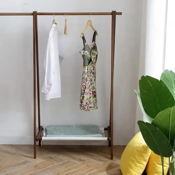 Meuble de chambre à coucher extensible marron, porte-manteau en bois massif