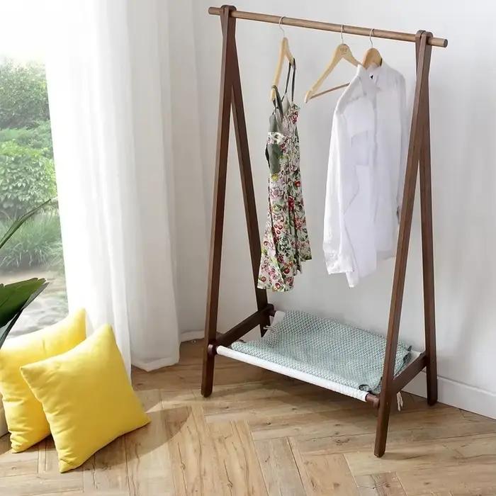 Meuble de chambre à coucher extensible marron, porte-manteau en bois massif