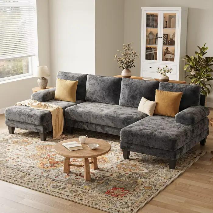 Canapés sectionnels en forme de U pour salon | Canapé en chenille avec double chaise longue | Ca
