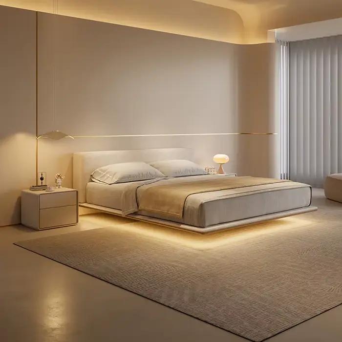 Lit 200x220 180x200cm Crème Style Luxe Tissu Cadre de lit Queen Size Moderne Luxe Simple Chambre à coucher Lits et cadres de lit Meubles