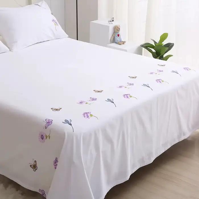 Drap de lit 100% coton avec motif de fleurs et de papillons brodés romantiques, décoration de chambre de princesse pour fille, drap plat sans taie d'oreiller