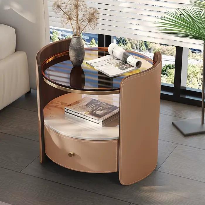 Tables de chevet modernes en bois massif et verre avec tiroirs en cuir