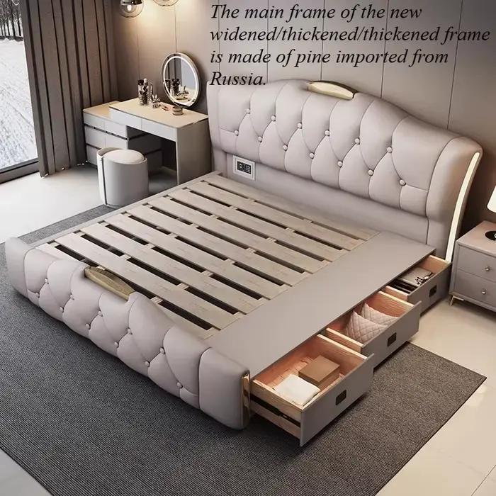 Chevets modernes, lit double avec rangement, cadre unique, tête de lit capitonnée, Cama De Lujo Para
