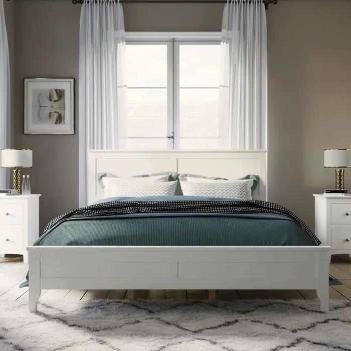Lit à plateforme moderne en bois massif blanc, queen size