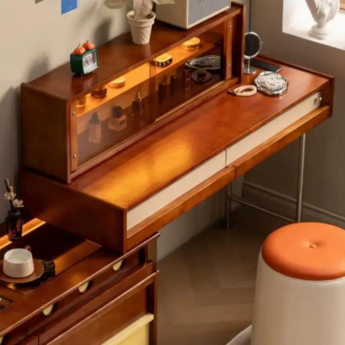 Coiffeuse de chambre de style farmhouse en bois avec tiroirs de rangement dissimulés, gain de place, meuble de beauté pour la maison