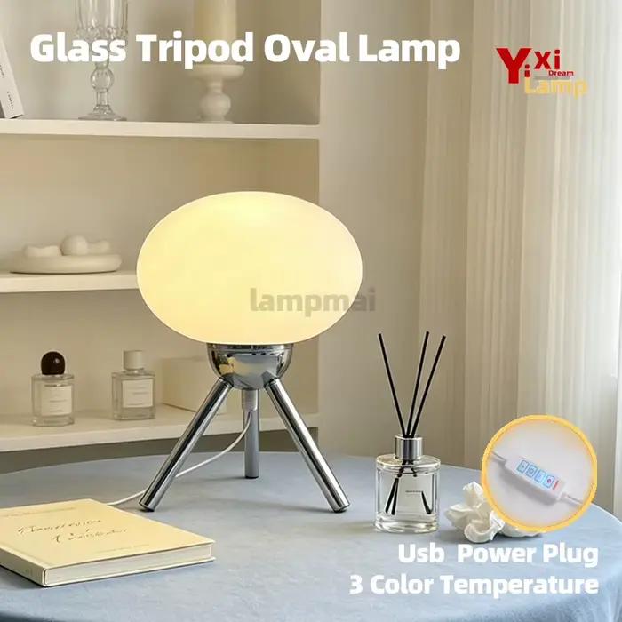 Lampe de table ovale en verre de Murano sur trépied, lampe de chevet rétro du milieu du siècle pour la chambre à coucher, le dortoir et la salle d'étude, lumière décorative