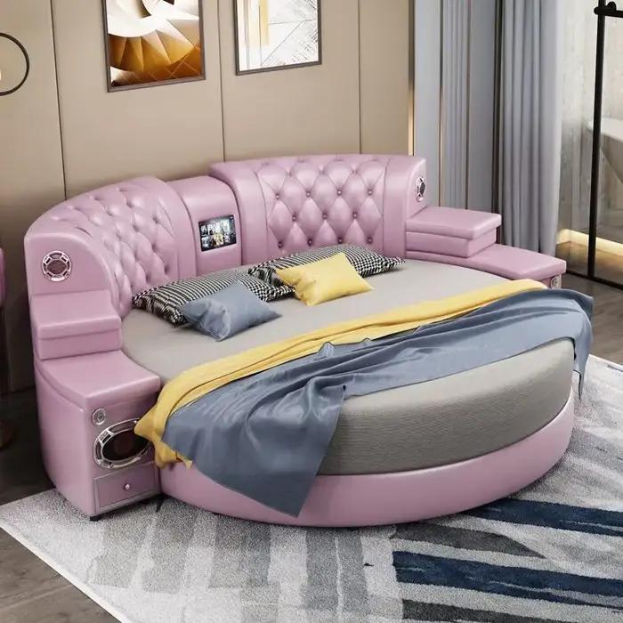 Lit Double rond de luxe rembourré en cuir