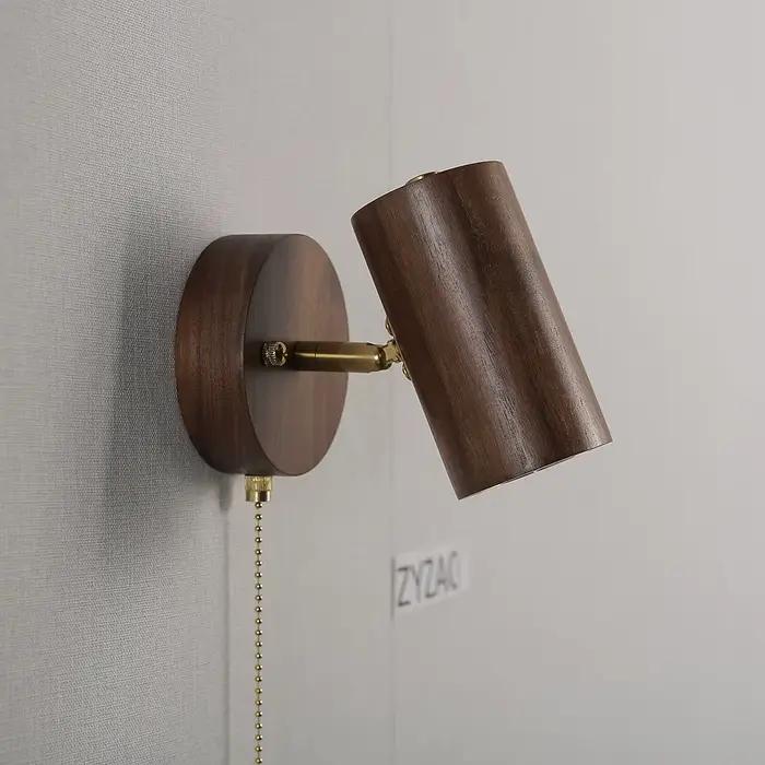 Applique murale couleur bois de noyer rétro chambre chevet appliques tête de lampe réglable tirer cordon interrupteur lecture mur projecteur LED