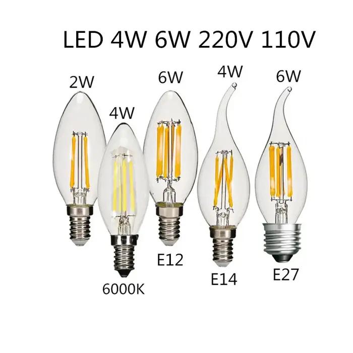 Ampoule LED C35 E14 E12 E27 220V 110V, variable 2W 4W 6W, bougie à économie d'énergie, lumière à Fil