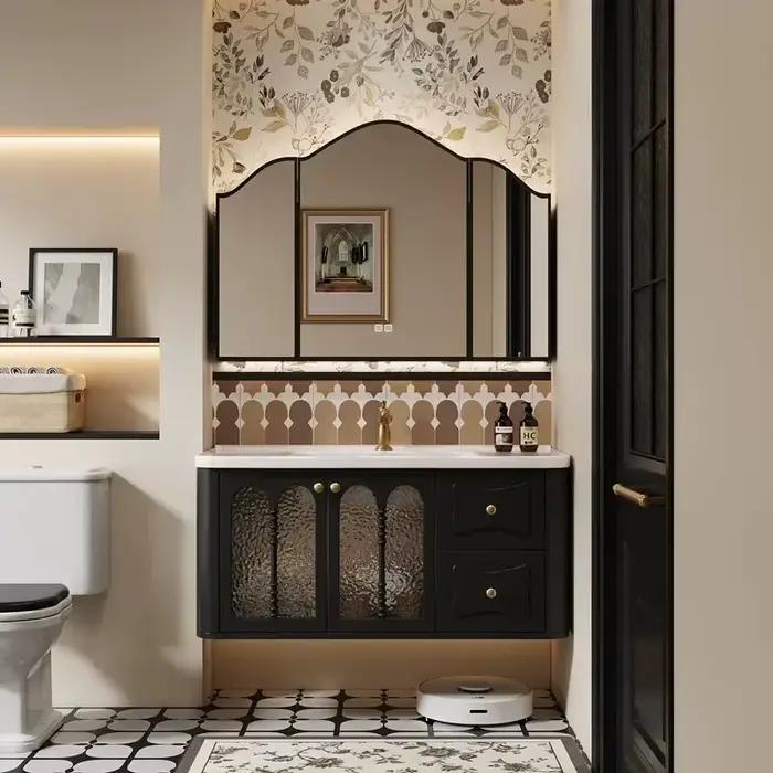 Armoire de salle de bain Vintage en bois massif, avec miroir, meuble de pédicure, meuble d'évier, ti