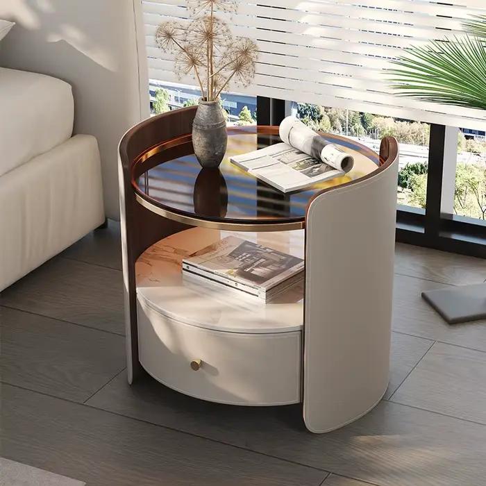 Tables de chevet modernes en bois massif et verre avec tiroirs en cuir, meuble de rangement pour sal